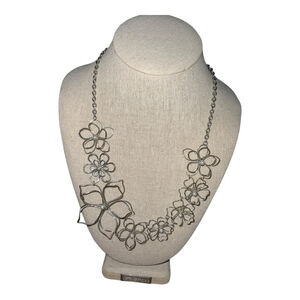Silver Tone Floral Pearl 3D Statement Necklace One Size